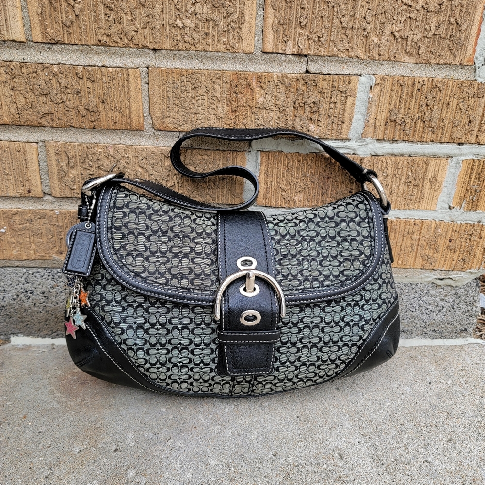 Coach Y2K Black Gray Signature Leather Soho Buckle Flap Shoulder Bag 10926